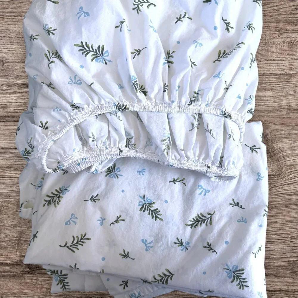 Laura Ashley Merry Mistletoe Queen Sheet Set Cottagecore Blue Green Bow Floral